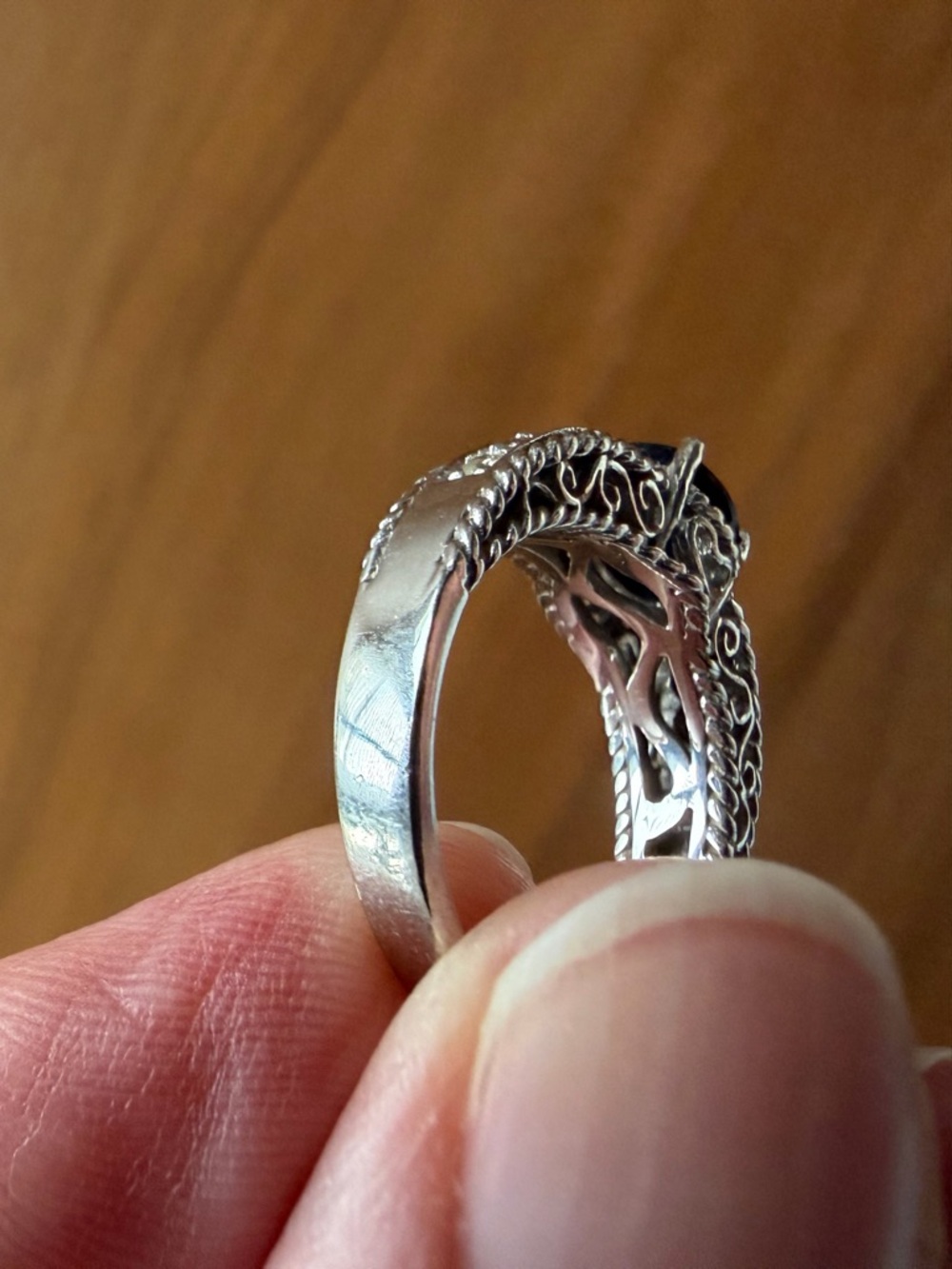10K White Gold Blue Sapphire & Diamond Cocktail Ring with Filigree Accents - Picture 4 of 7